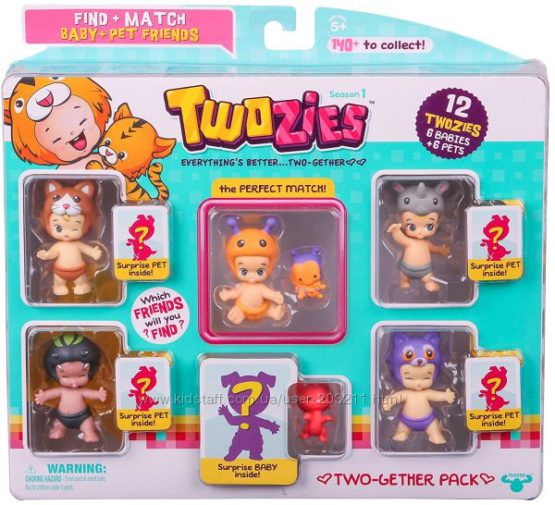 Twozies S1 Twogether Pack, 12 фигурок — 6 малышей и 6 питомцев.